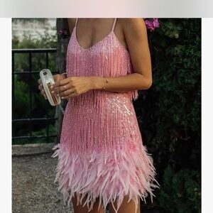 Othr Pink Sequin Feather Mini Dress